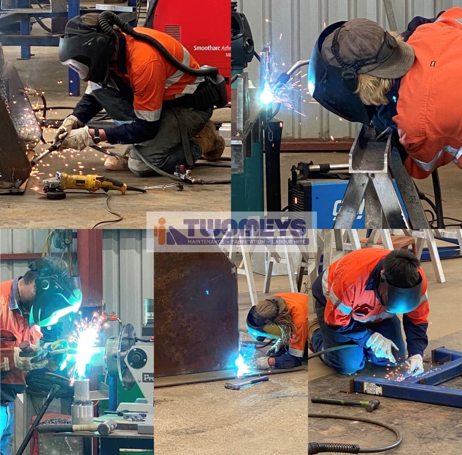 Twomeys tradespeople welding and grinding steel in the Geraldton workshop