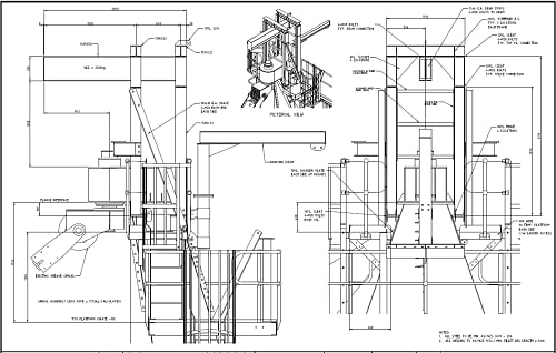 Engineering general arrangement drawing of the lifting structure, showing plan, elevation and pictorial views