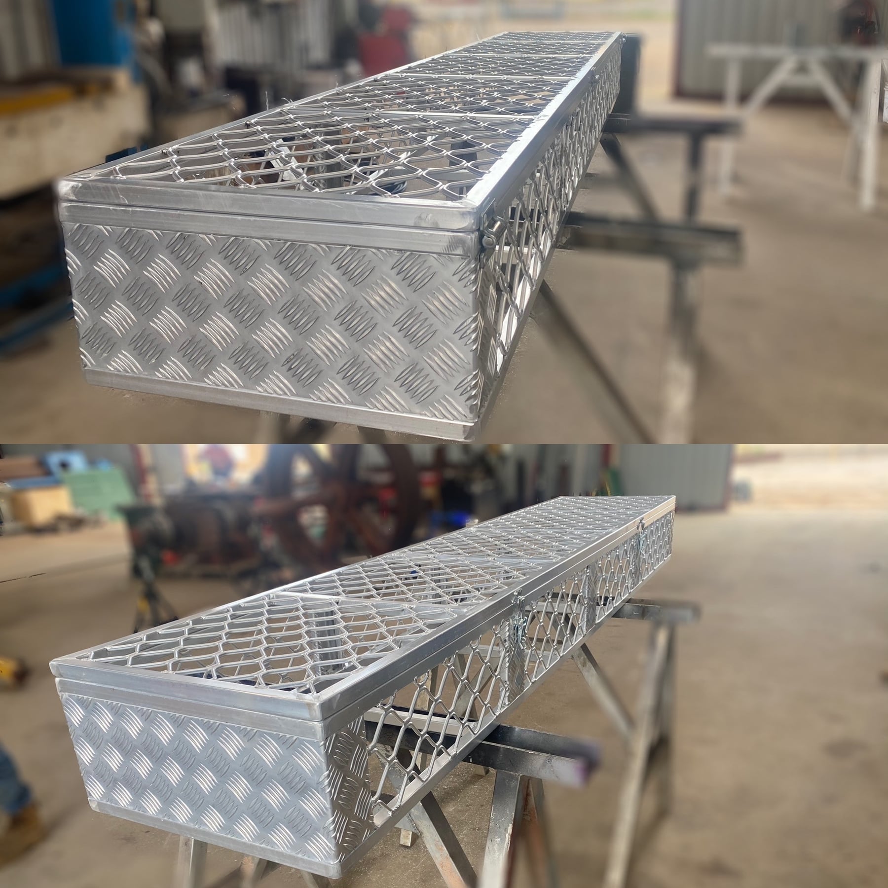 Long aluminium checker plate toolbox with a mesh lid, shown from two angles on trestles in the workshop