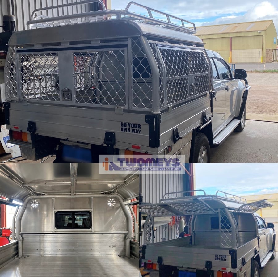 Aluminium mesh canopy with roof rack fitted to a dual cab ute, shown from outside and inside