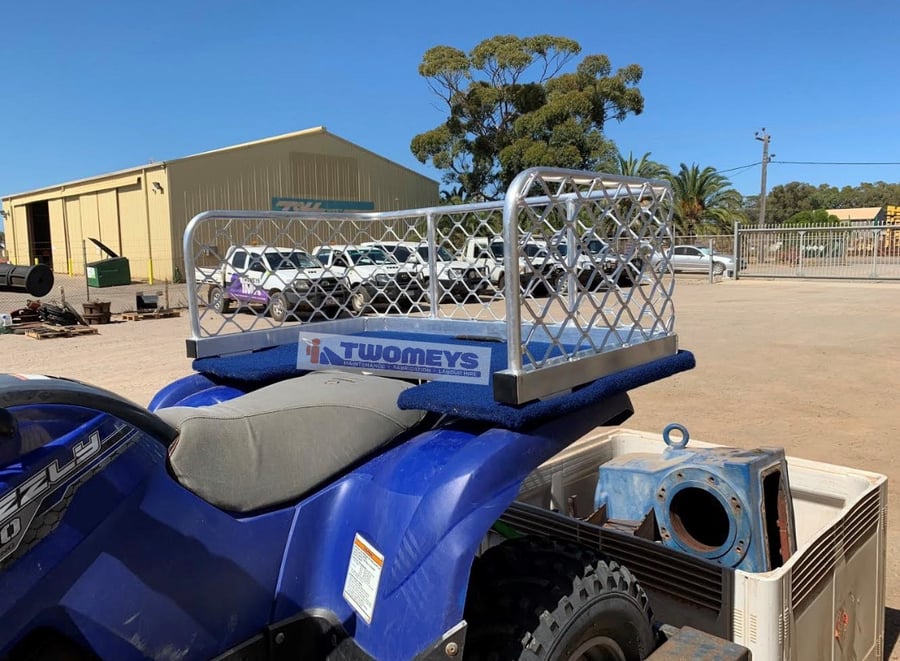 Aluminium mesh carry rack fabricated and fitted to the rear of a quad bike