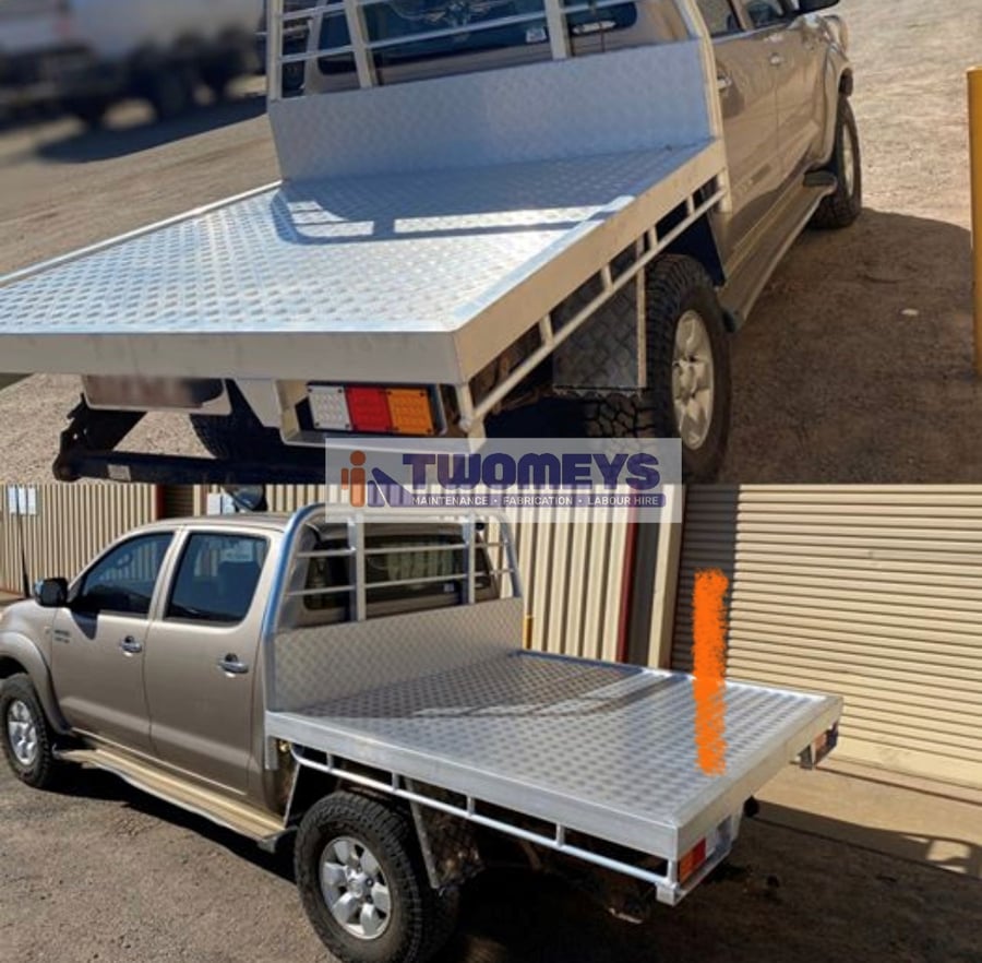 Aluminium checker plate ute tray with headboard rack, shown from two angles on a dual cab utility