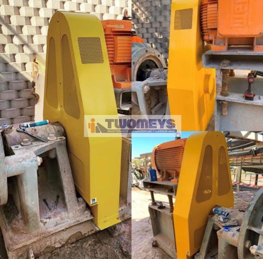 Yellow fabricated motor guard fitted over a drive motor on a pump skid, shown from three angles
